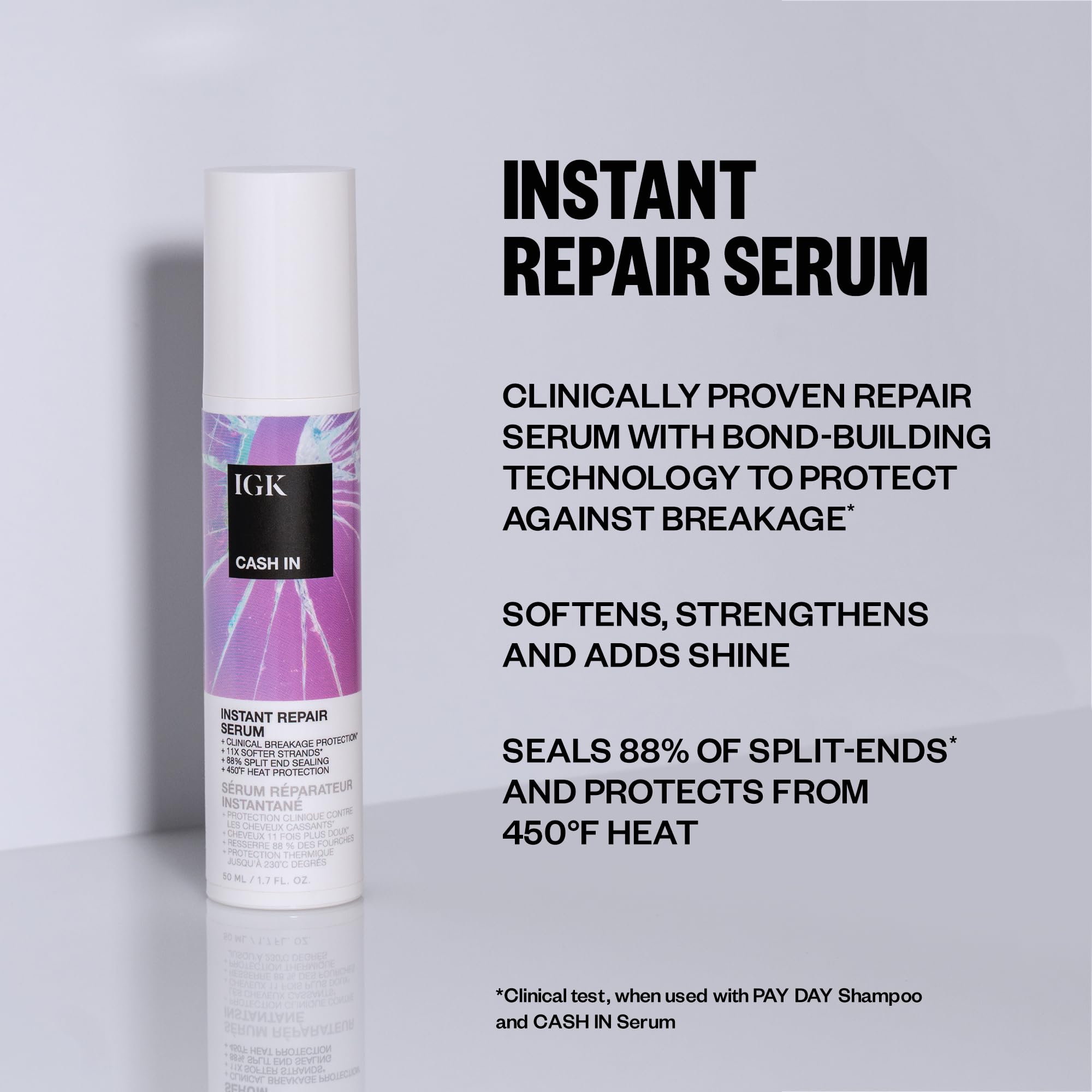 IGK CASH IN serum, protección de calor hasta 450 °F para peinado.