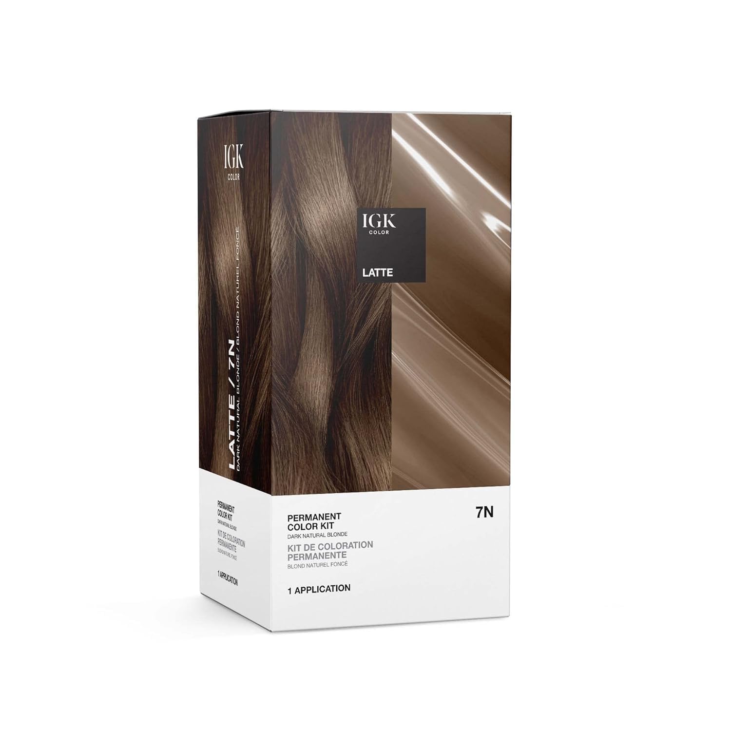 IGK Color Kit 7N Latte: bote frontal muestra tono marrón natural con cobertura total