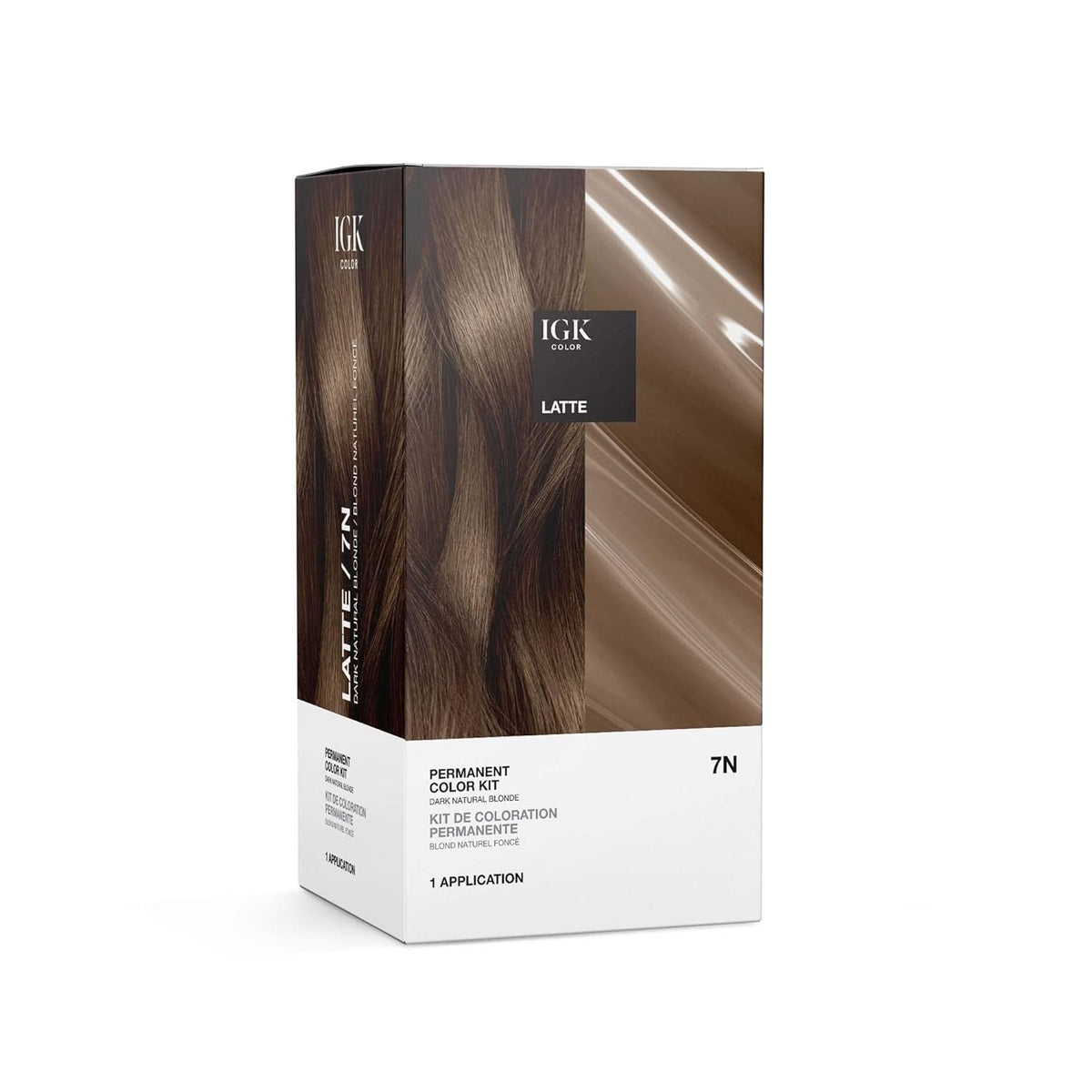 IGK Color Kit 7N Latte: bote frontal muestra tono marrón natural con cobertura total