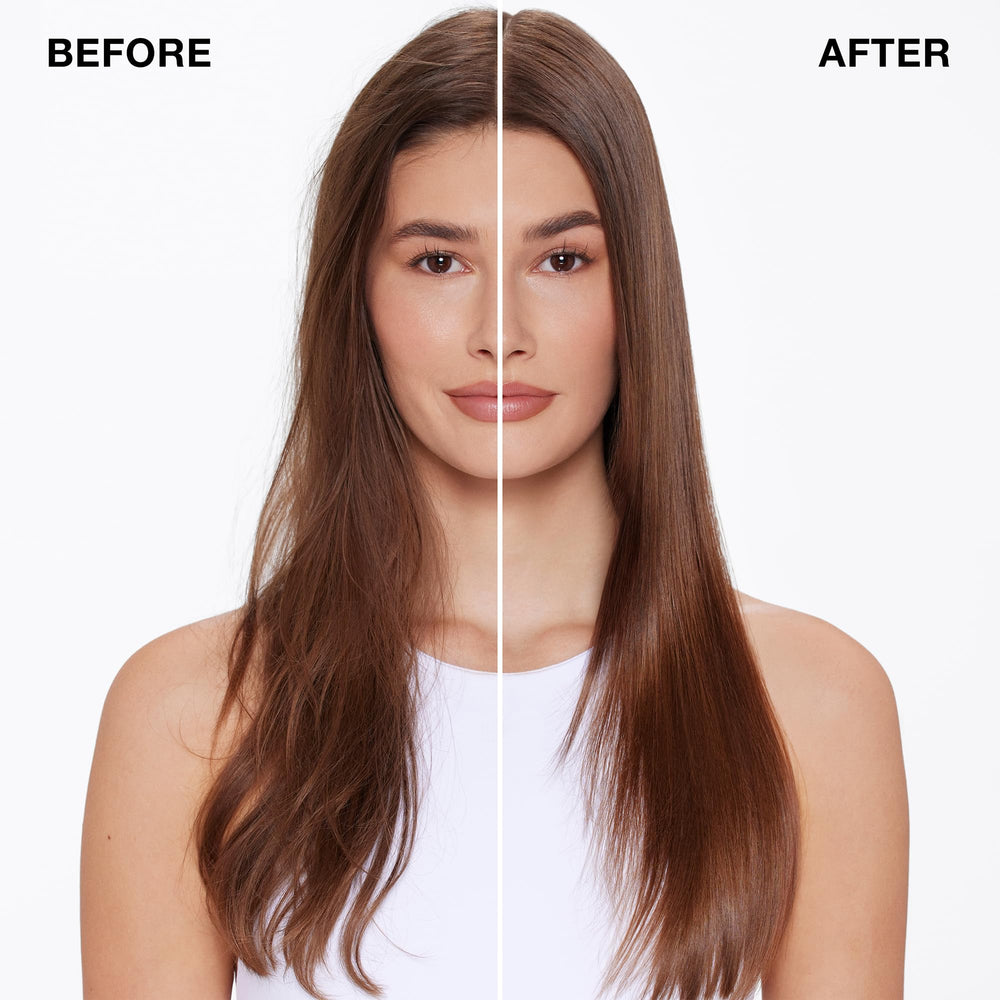 IGK Good Behavior Smoothing Spray, enfoque en cabello brillante y suave tras uso diario.