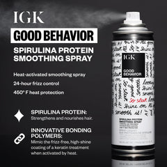 IGK Good Behavior Smoothing Spray, visual de textura de lujo, aporta suavidad y brillo.