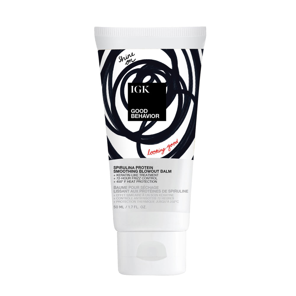 IGK GOOD BEHAVIOR Spirulina Protein Anti-Frizz Smoothing Blowout Balm envase: textura crema para alisar al secar