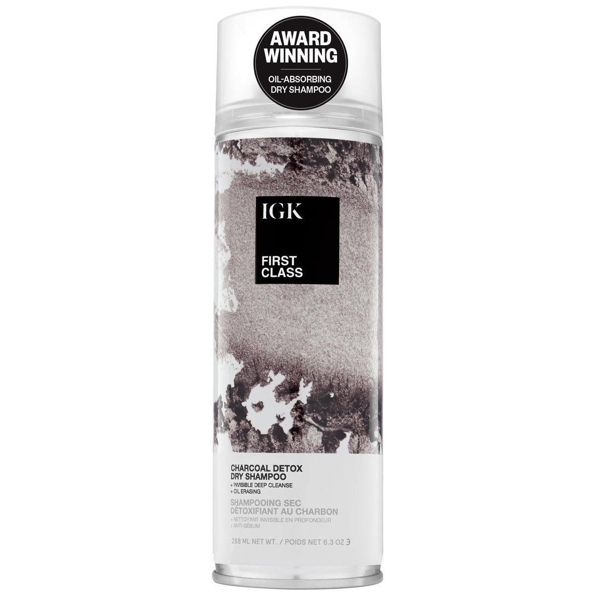 IGK First Class botella de champú seco detox con carbón para limpieza profunda.