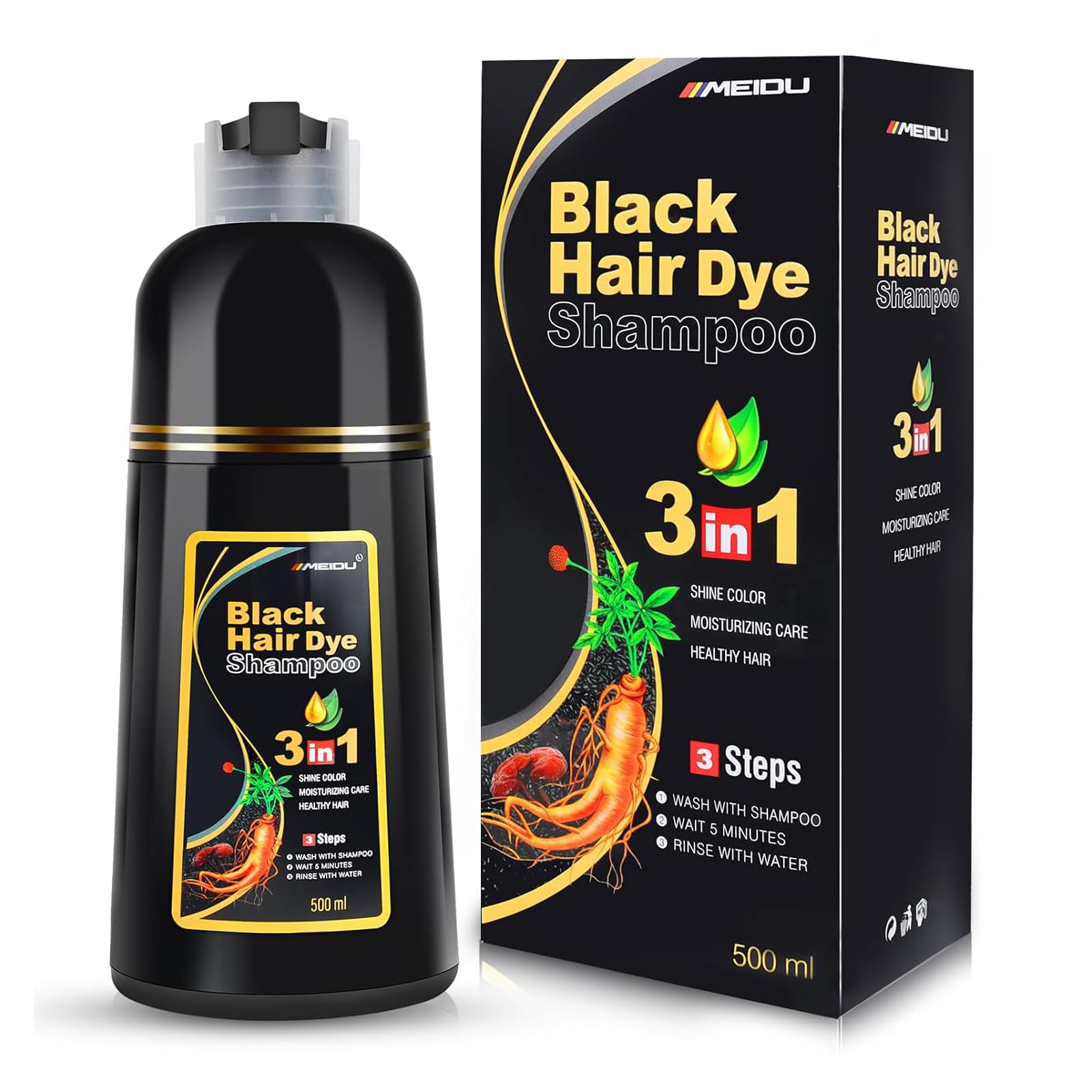 IIIMEIDU botella shampoo tinte negro cubre canas y color uniforme.