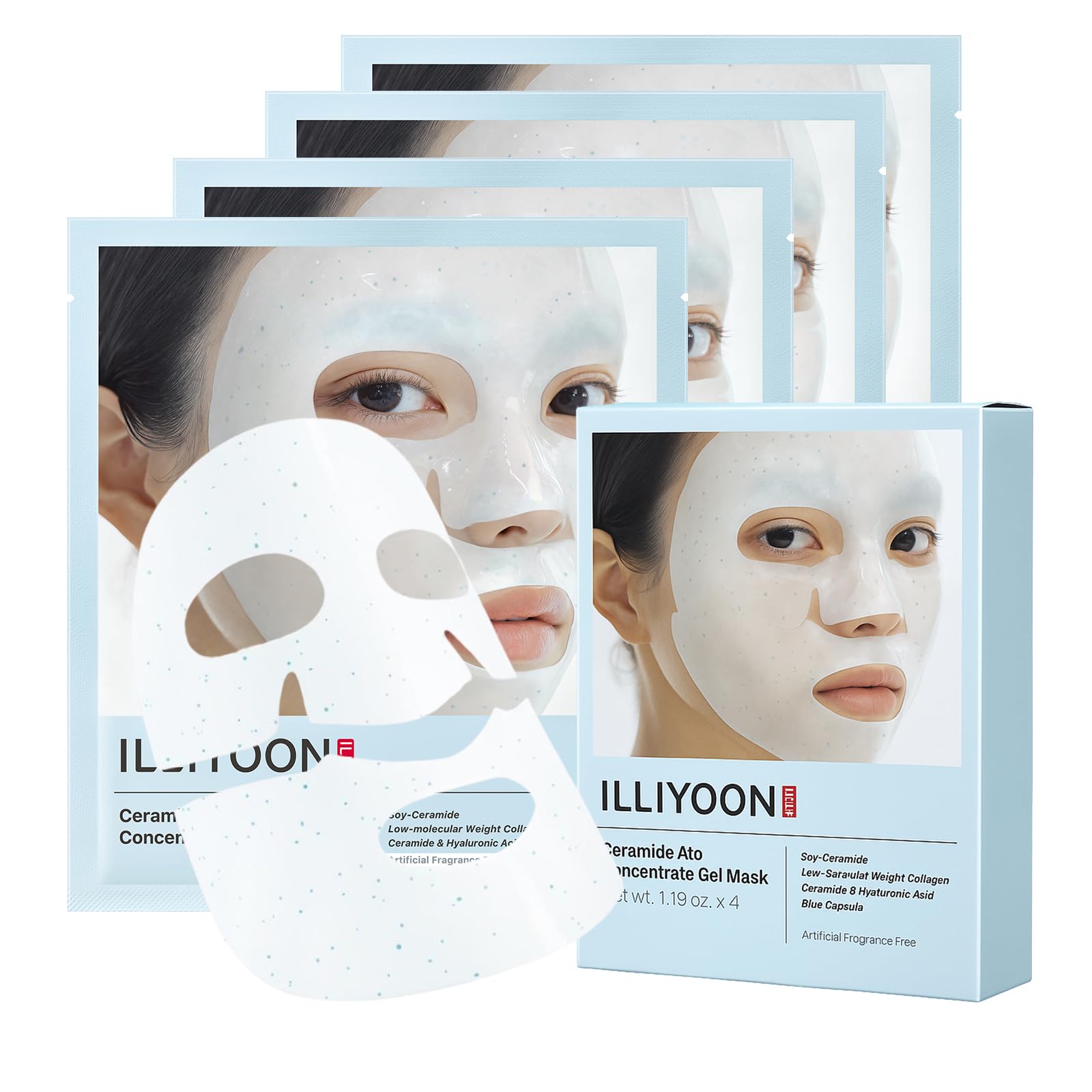 Illiyoon Ceramide Ato mascarilla frente, hidratación suave y soporte para la barrera de la piel.