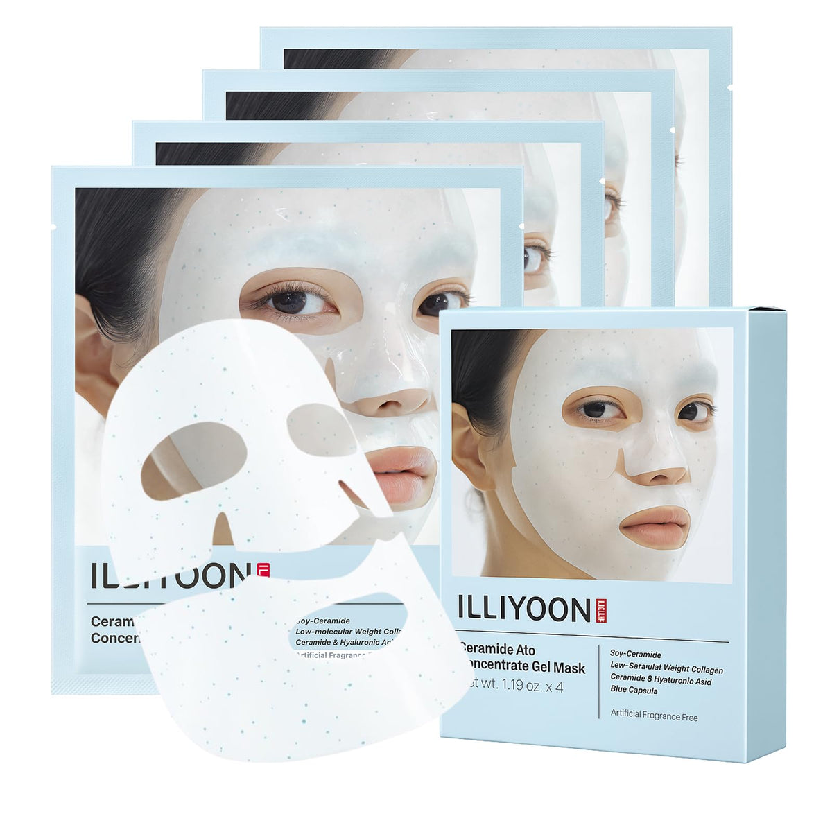 Illiyoon Ceramide Ato mascarilla frente, hidratación suave y soporte para la barrera de la piel.
