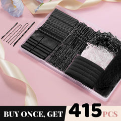 IKOCO 415pcs Bobby Pins Set with 200 U-Shaped Pins & Elastic Hair Ties – Hair Net Included, Black