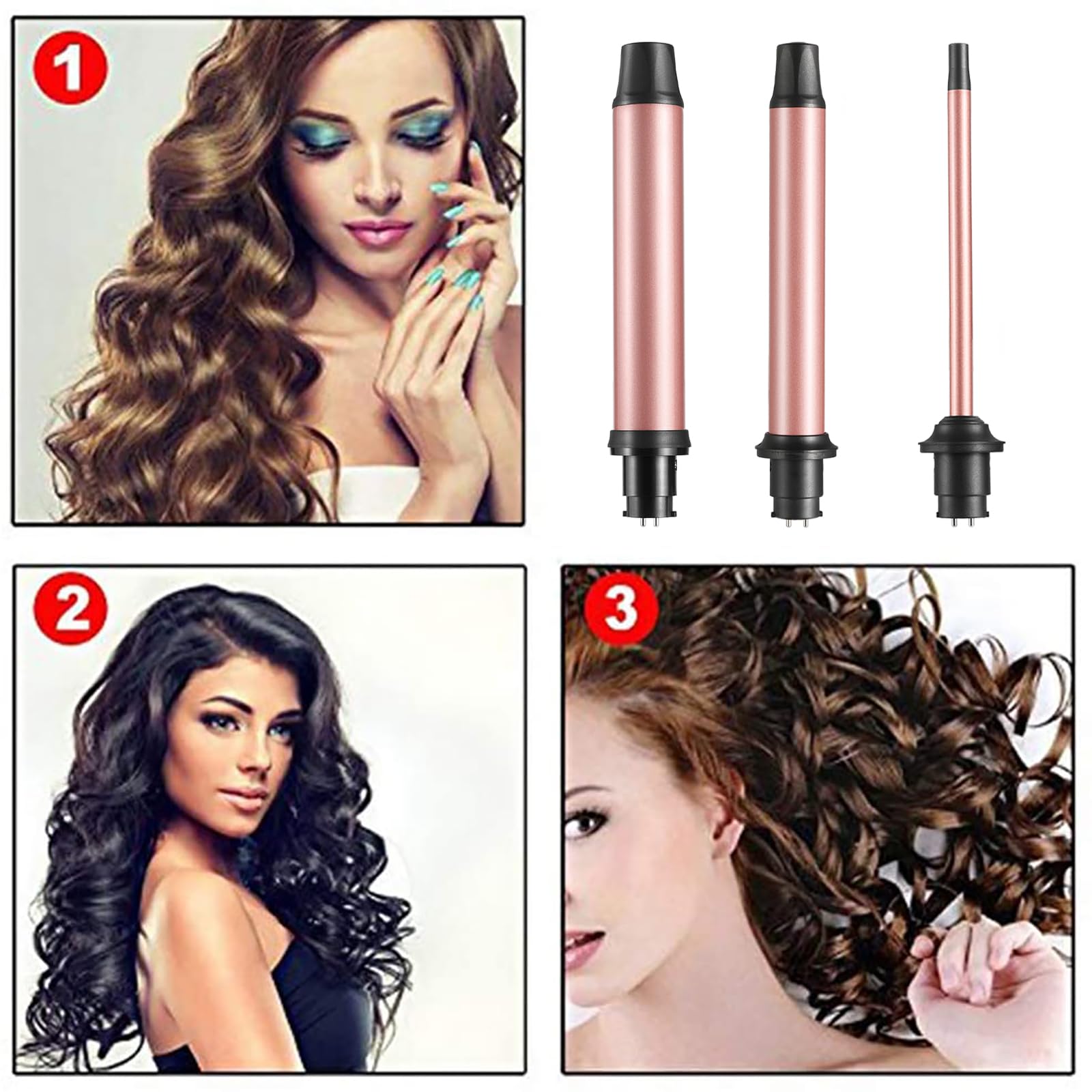 JuHaLeiw Rizador 3 en 1: Barriles Cerámicos Intercambiables para Cabello Largo y Medio, Voltaje Dual