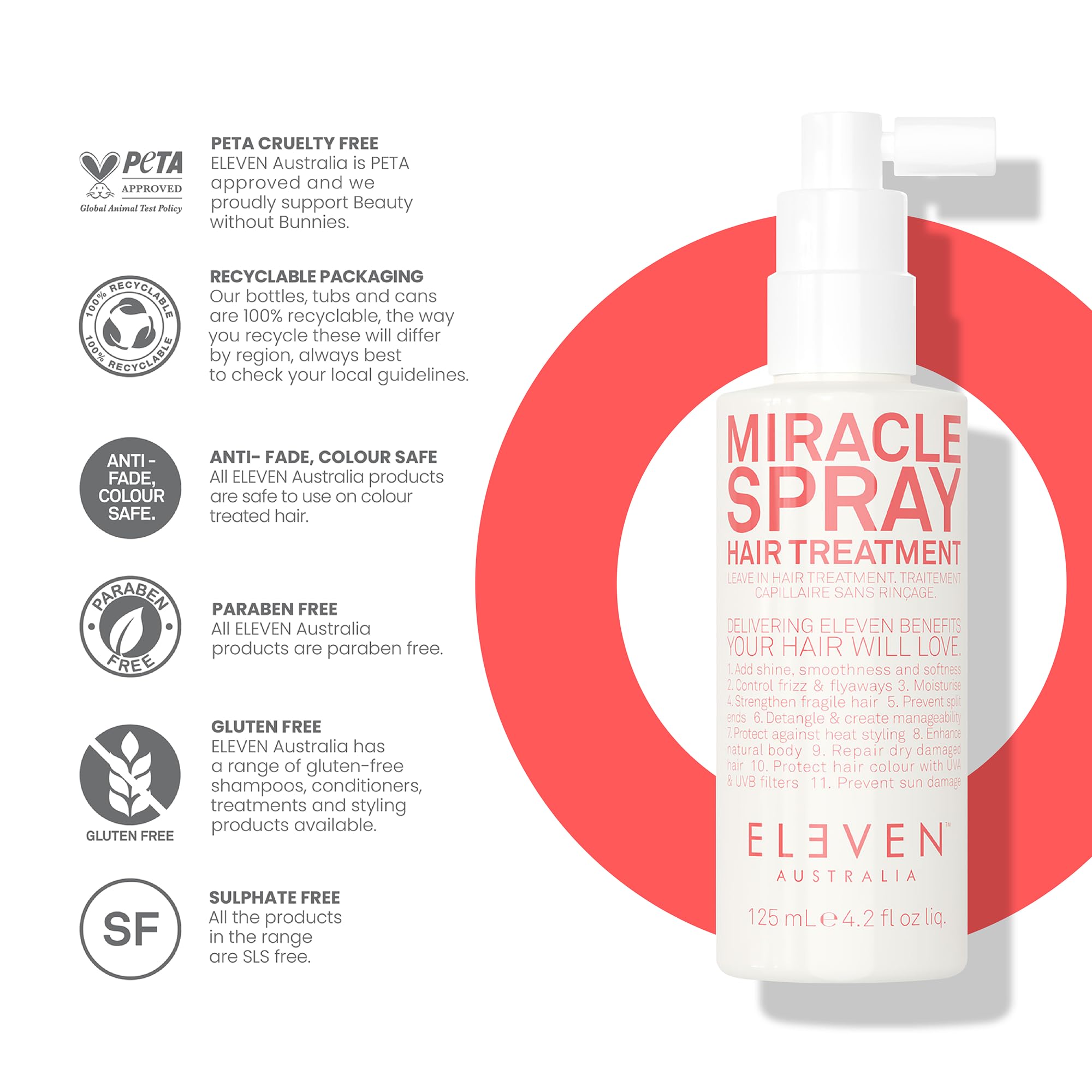 ELEVEN AUSTRALIA Miracle Spray: Tratamiento sin enjuague para cabello rizado y liso, protección contra calor, desenredante, 120 ml