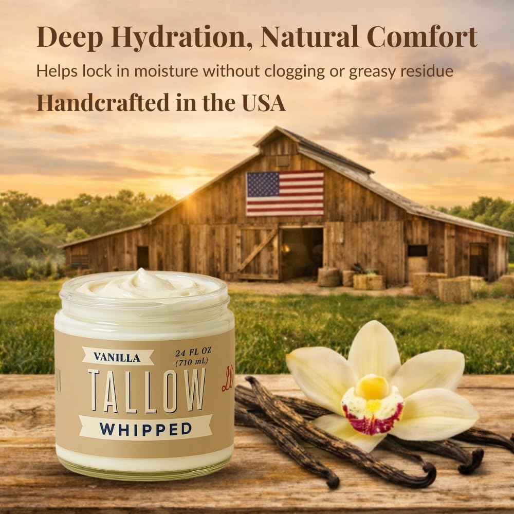Lady May Tallow Manteca Batida 24 Onzas - Crema Facial y Hidratante Corporal Natural, Aroma Vainilla, Sin Conservantes - Hecho en Estados Unidos