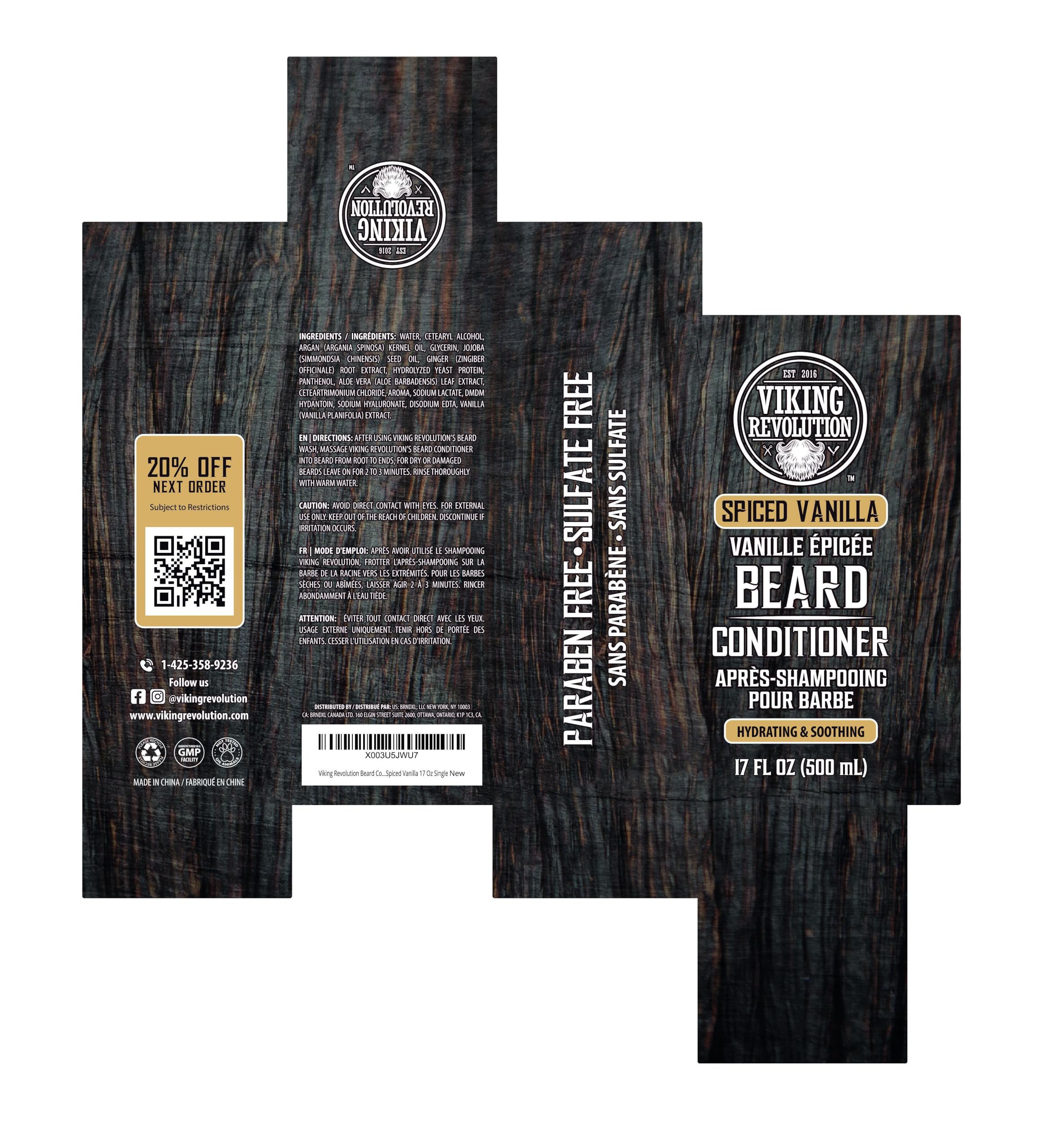 Viking Revolution Acondicionador de Barba Vainilla Especiada con Argán y Jojoba - Suavizante y Nutritivo (17 oz)