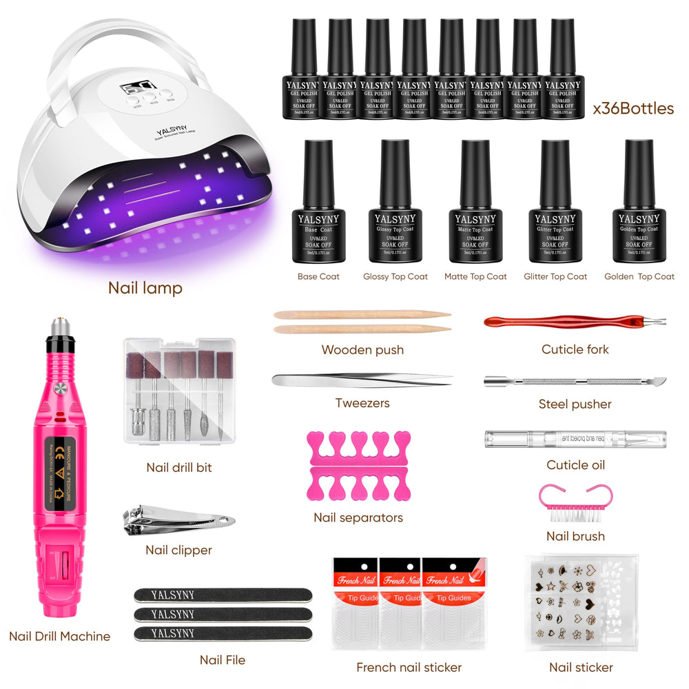 YALSYINY Gel Nail Polish Kit with UV Lamp and Drill Starter — vista frontal del producto