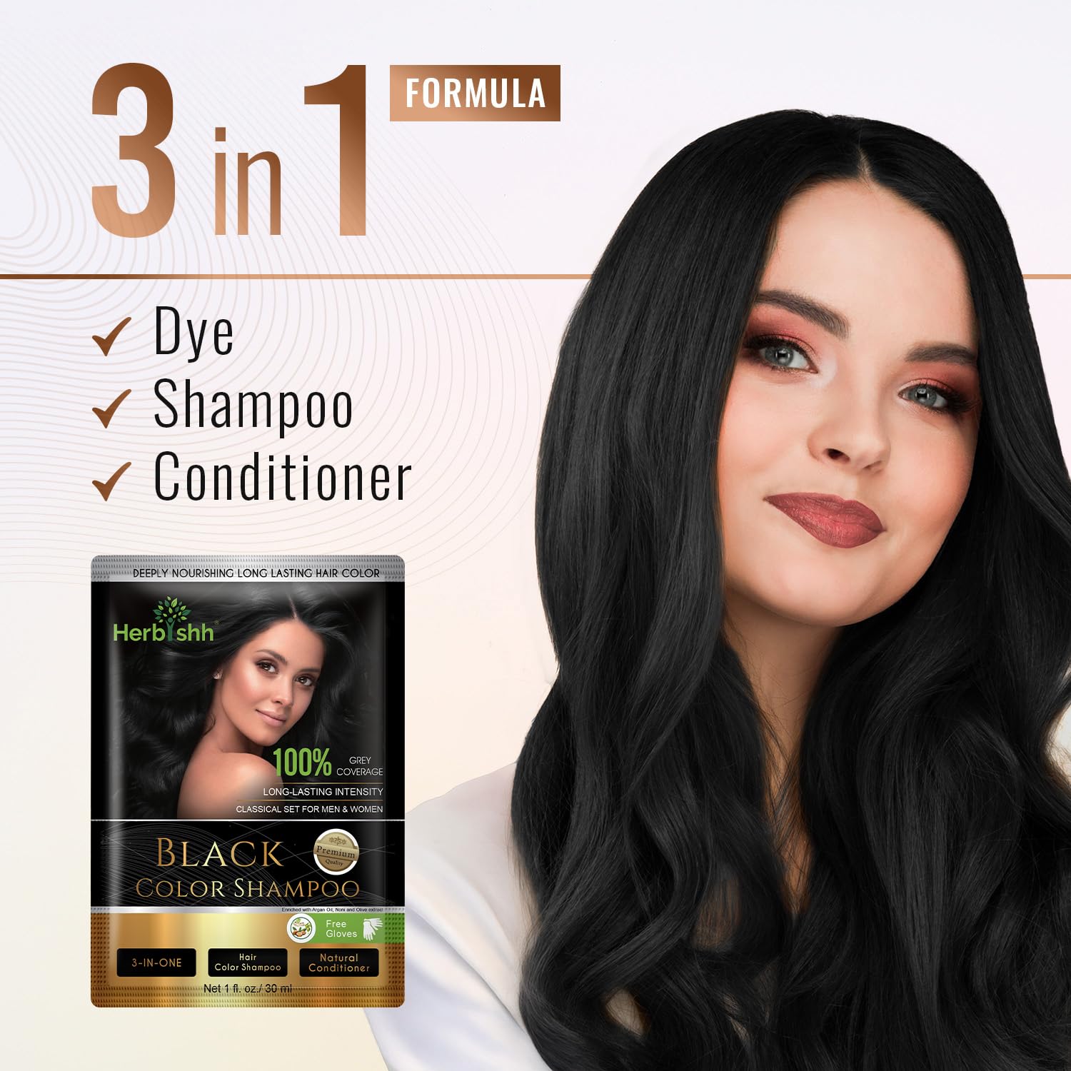 Herbishh Champú Colorante Natural para Pelo - Negro Duradero, Sin Amoníaco, Pack de Viaje 10+1 + Máscara de Argán