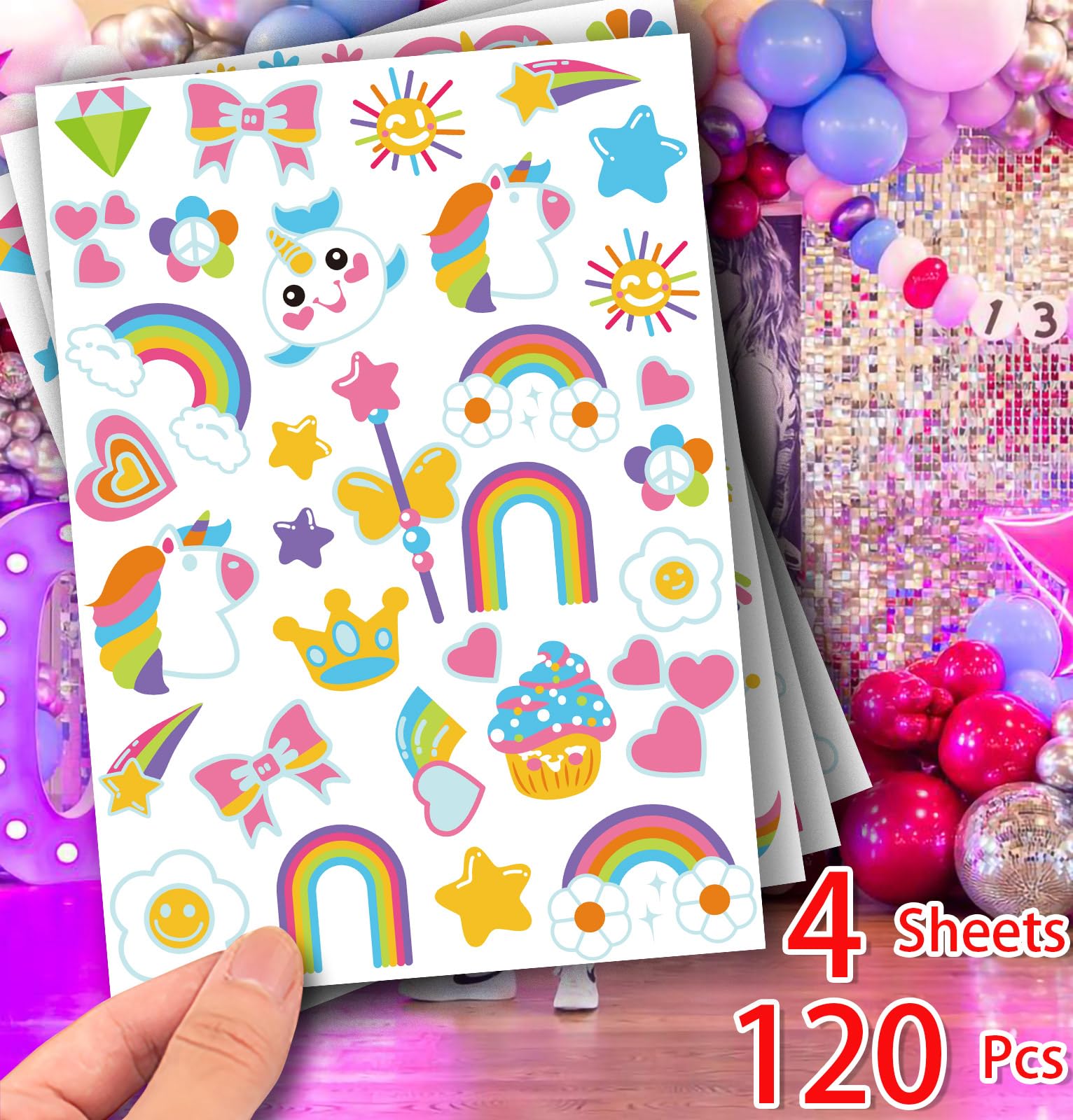 Imarisha unicornio arcoíris tatuajes, colores vibrantes para juegos y celebraciones.