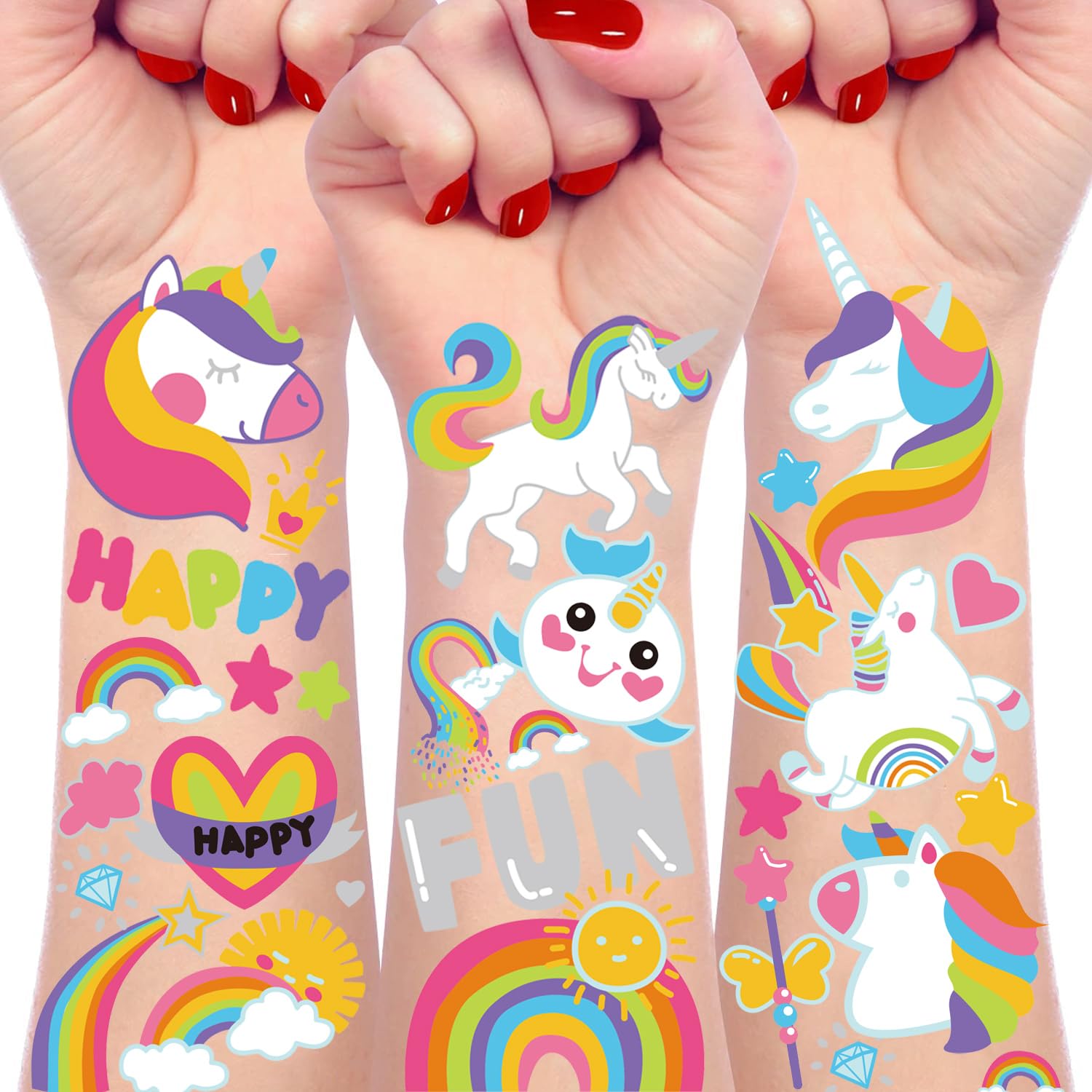 Imarisha unicornio tatuajes temporales en cuatro láminas, ideal para fiestas infantiles.
