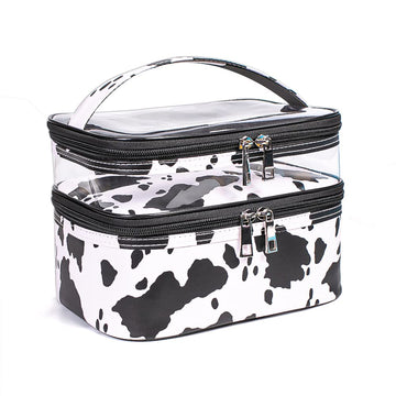 La bolsa imerelez con estampado de vaca y frente transparente para ver productos.