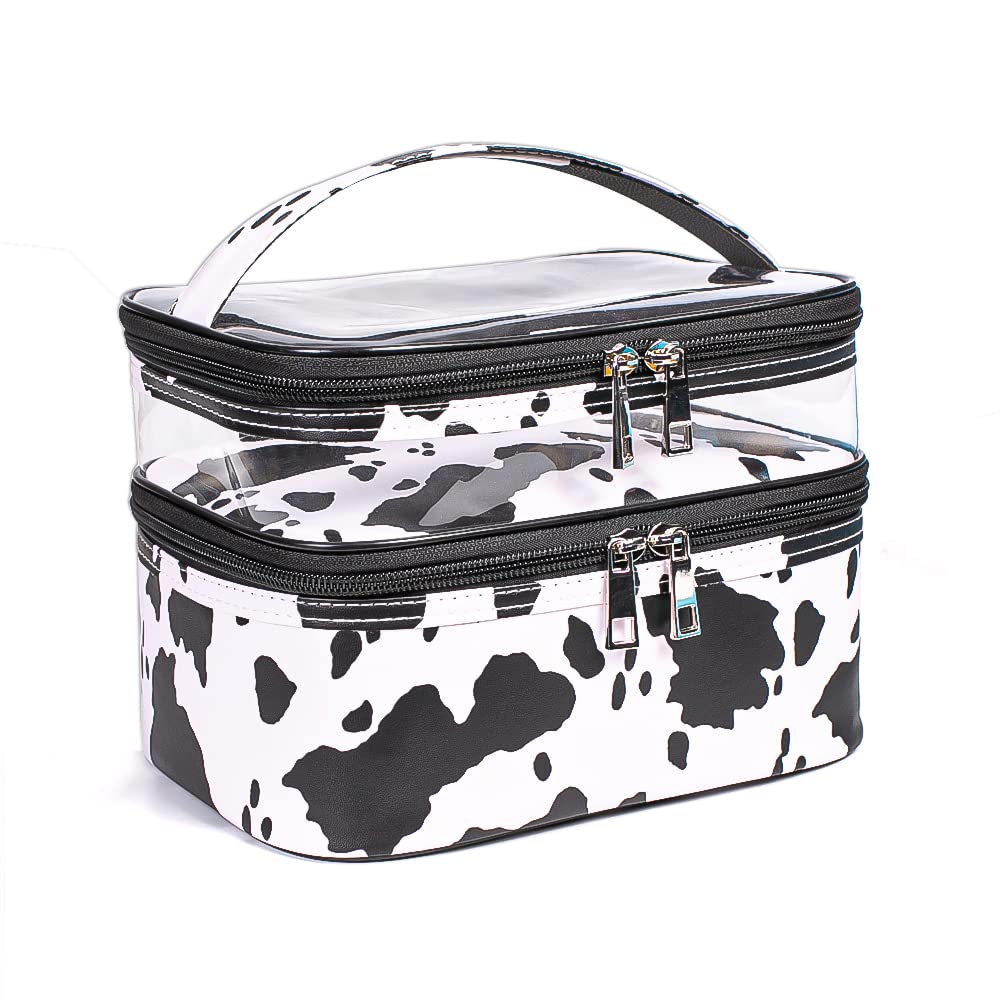 La bolsa imerelez con estampado de vaca y frente transparente para ver productos.
