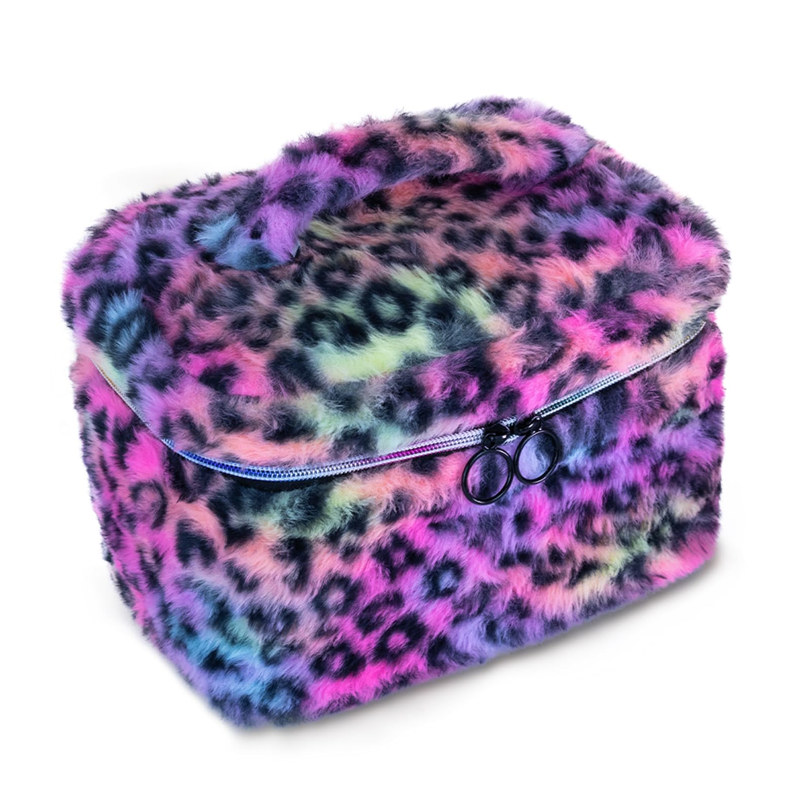 Bolsa de maquillaje Imerelez con felpa Rainbow Leopard, protege cosméticos frágiles durante el viaje.