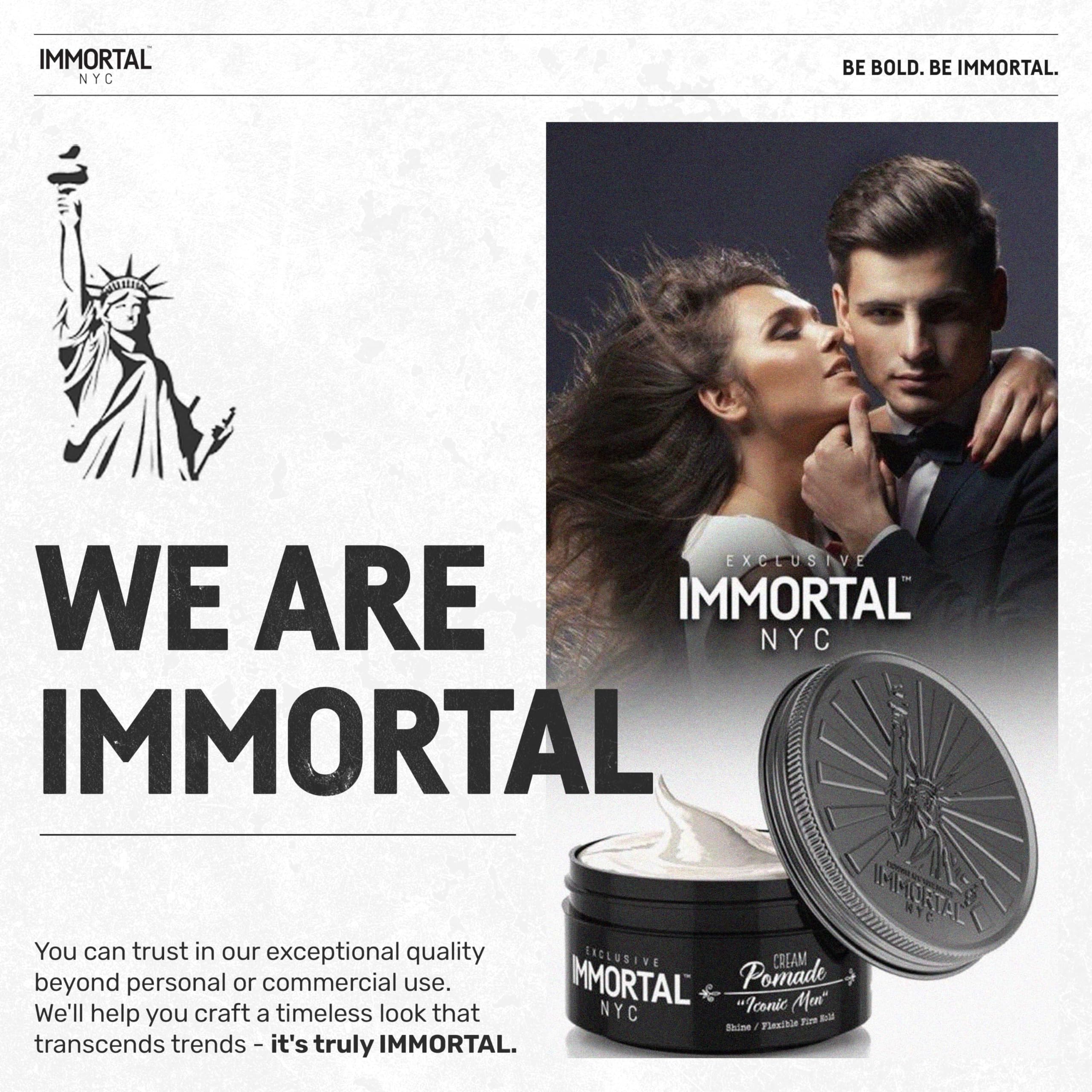 Immortal NYC Iconic Men Pomada: envase práctico para uso rápido en la rutina matutina.