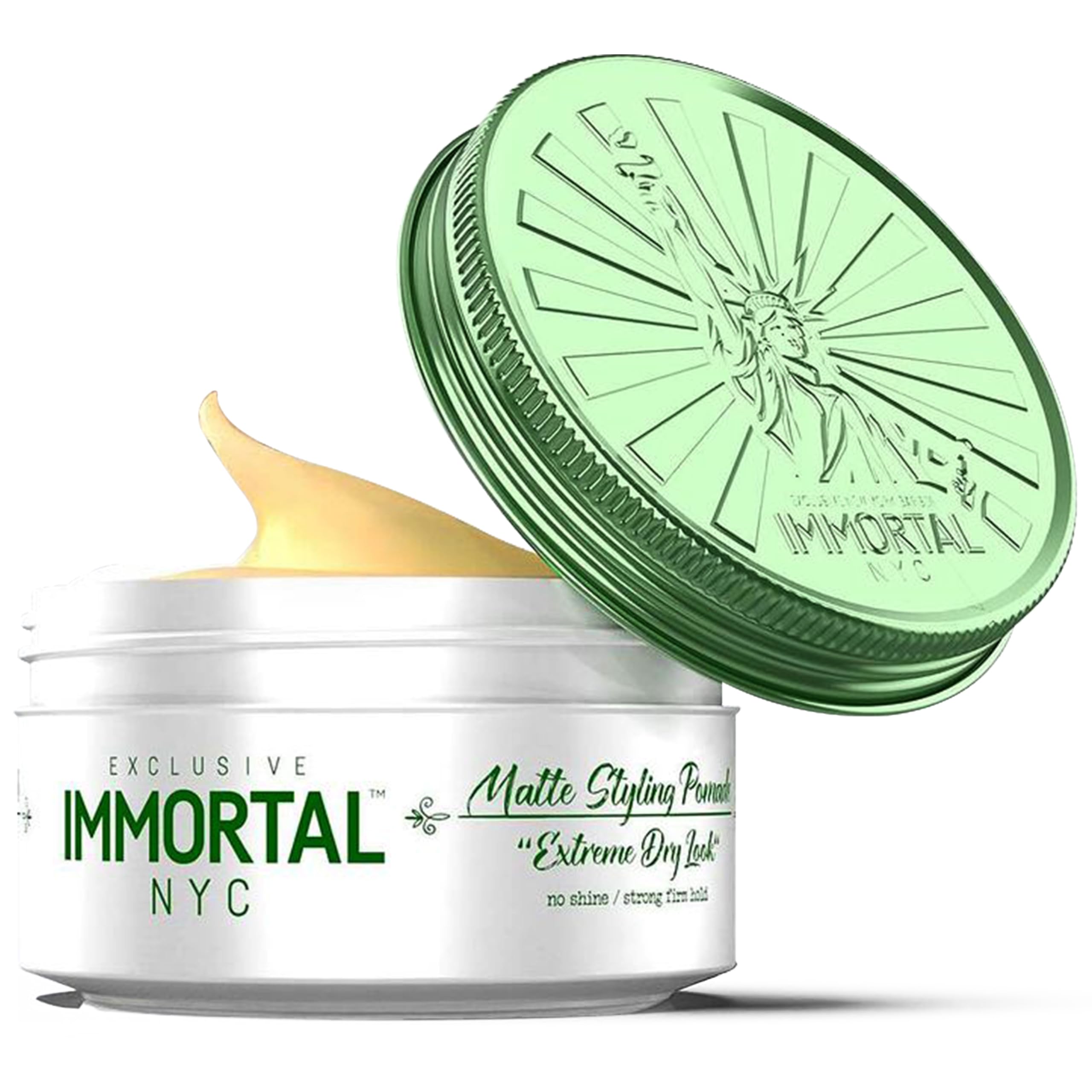 Immortal NYC Matte Styling Extreme Dry Look Pomade jar shows strong matte hold for texture