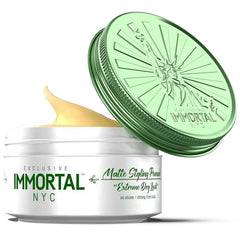 Immortal NYC Matte Styling Extreme Dry Look Pomade jar shows strong matte hold for texture