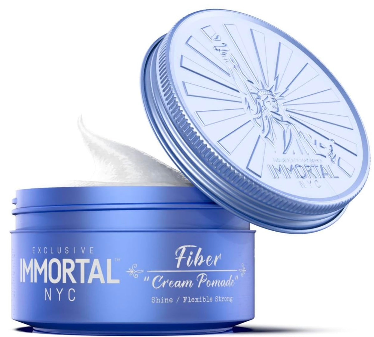 Immortal NYC Fibra Crema Pomada, sujeción flexible para peinados definidos y cómodos.