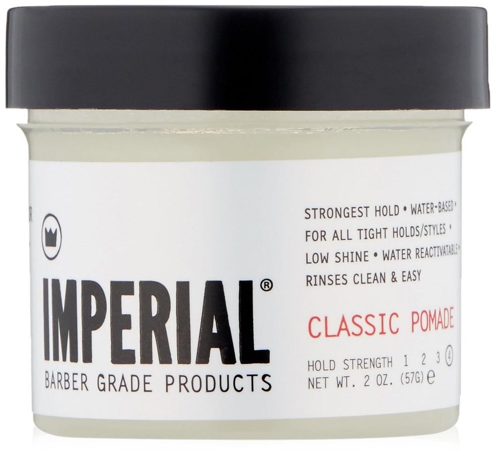 Imperial Barber Classic Pomade 2oz bottle closeup highlighting strong hold and rinse ease