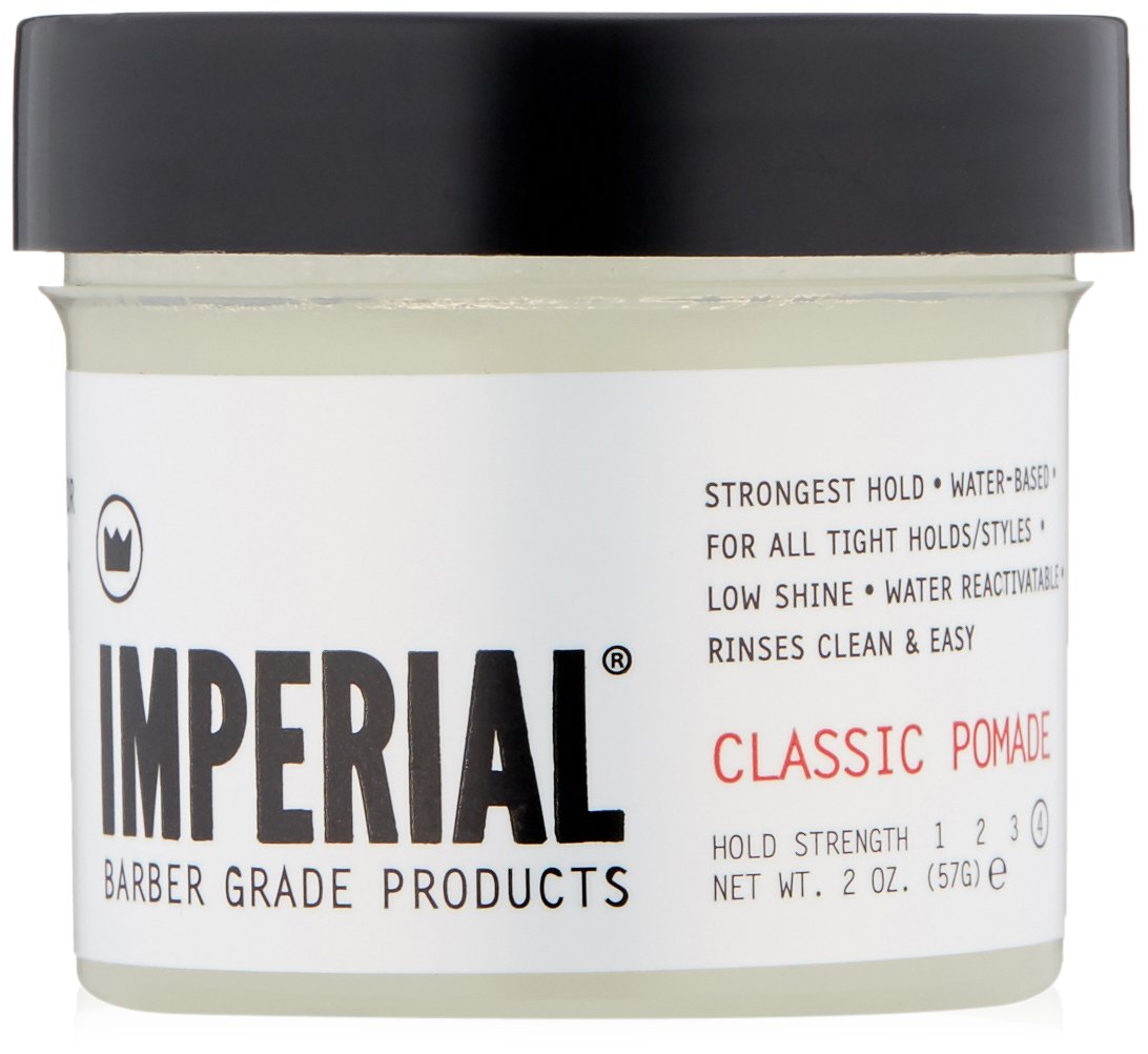 Imperial Barber Classic Pomade 2oz bottle closeup highlighting strong hold and rinse ease
