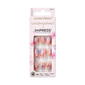 imPRESS LoveShackFancy Sunkissed Peach uñas cortas cuadradas rosadas, look elegante y duradero