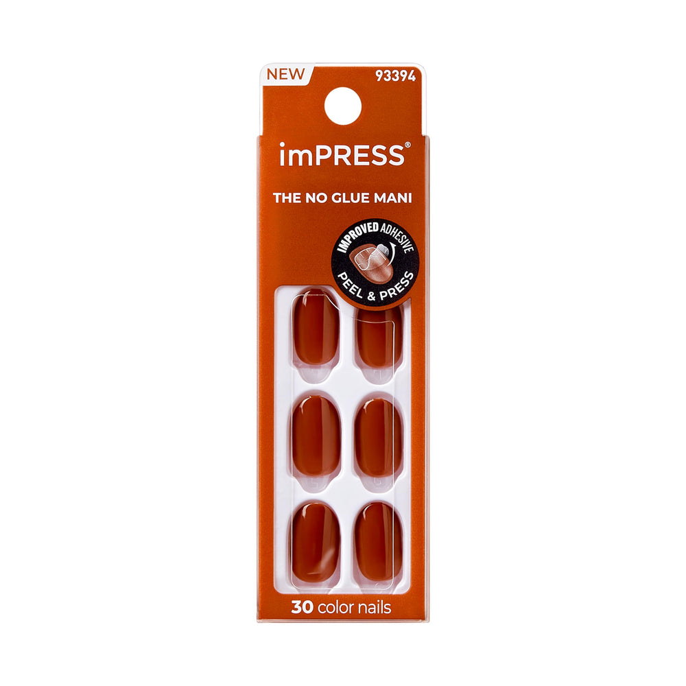 imPRESS Uñas Spiced Cider en primer plano, acabado cálido y duradero.