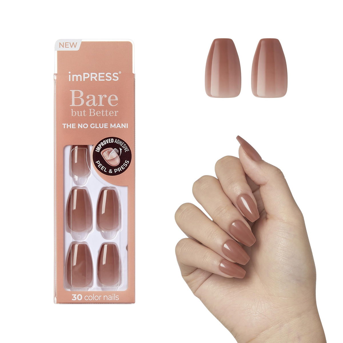 Uñas imPRESS desnudo Chispa en forma ataúd, 30 piezas para manicura rápida