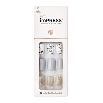 Uñas imPRESS pegadas gris corto con forma cuadrado-ovalado para manicura rápida.