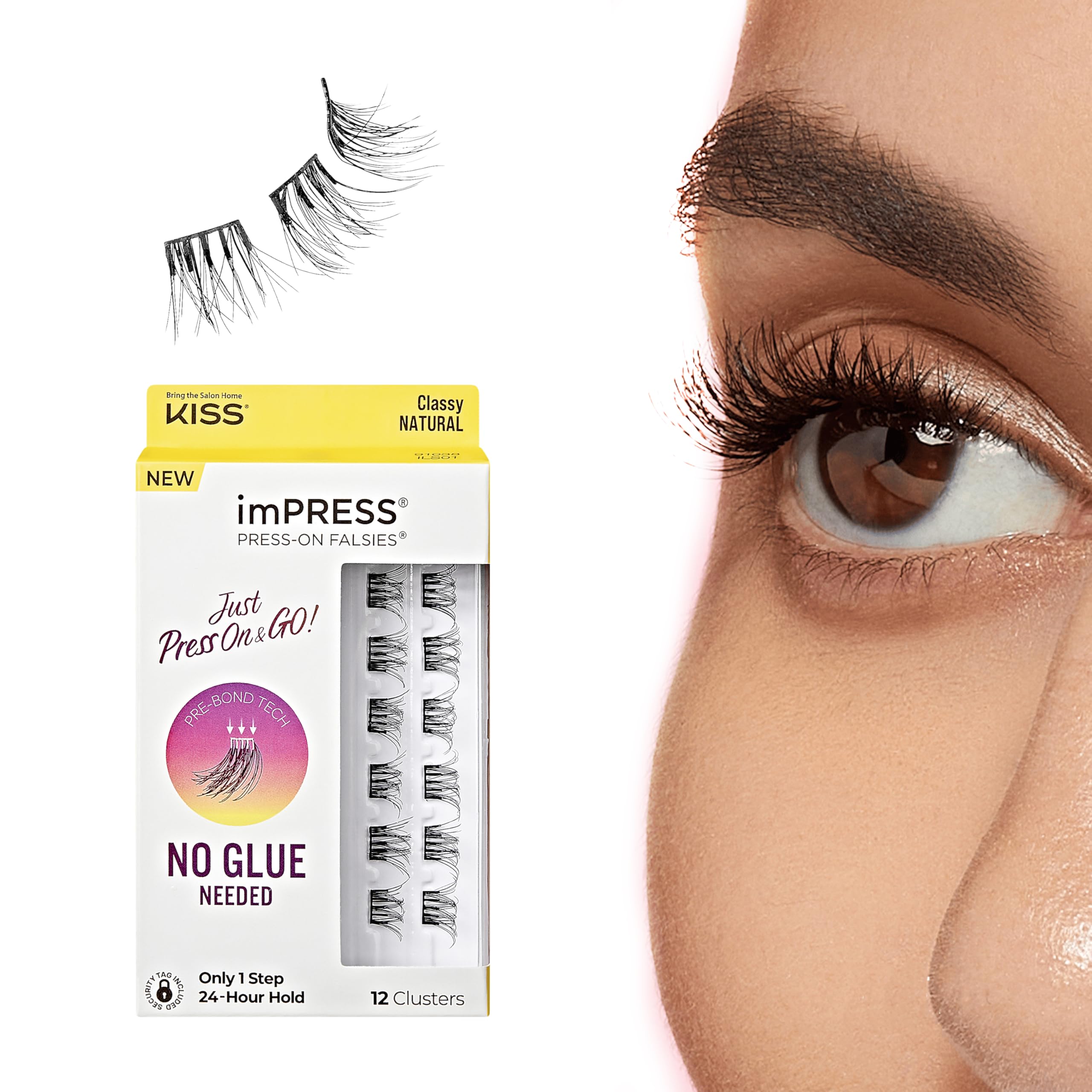 Pestañas imPRESS Falsies con aplicación sin pegamento para un look rápido y natural.