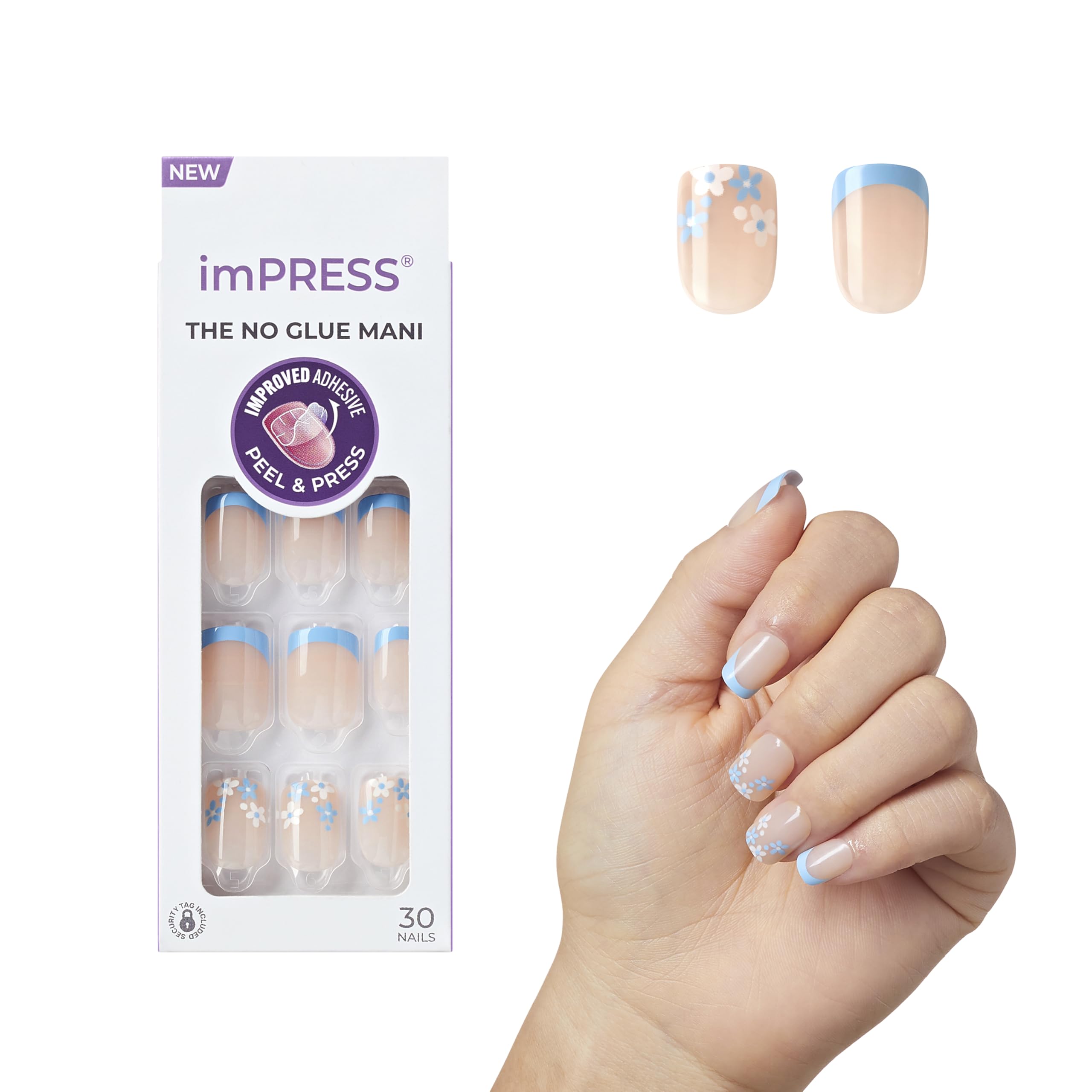 imPRESS uñas frances azules cortas con forma cuadrado redondeada, acabado natural y cómodo