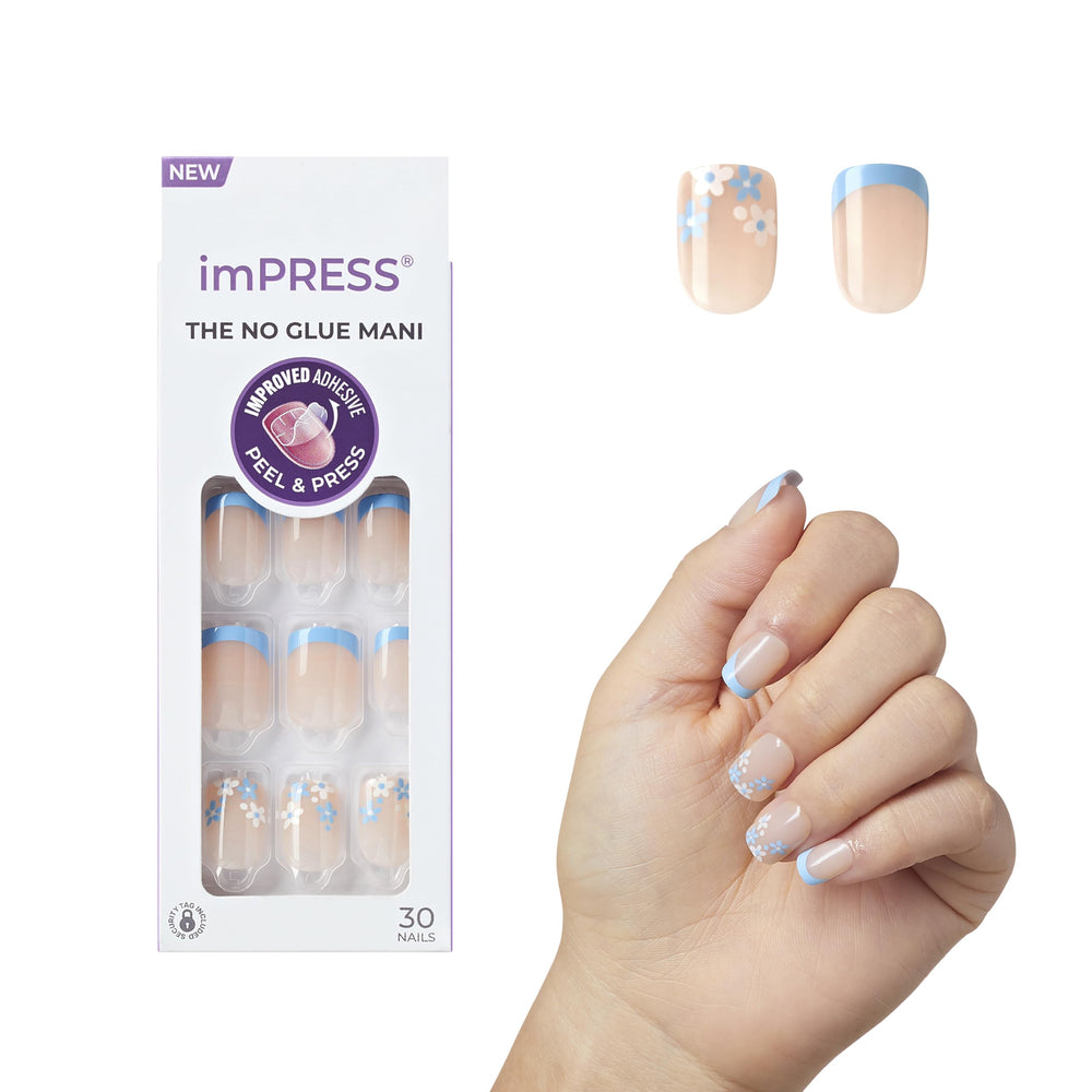 imPRESS uñas frances azules cortas con forma cuadrado redondeada, acabado natural y cómodo