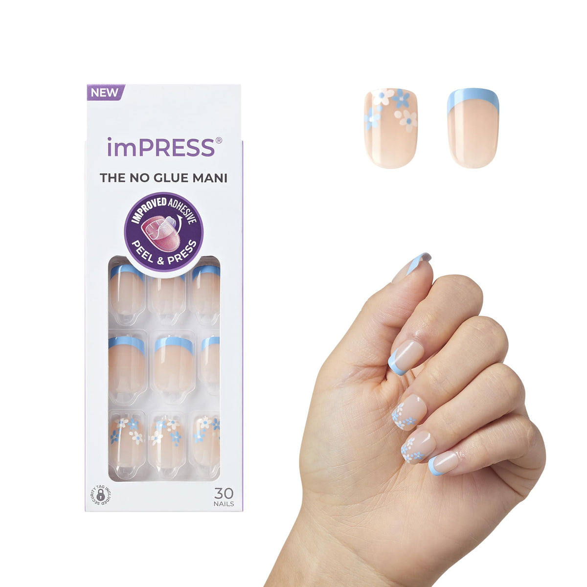 imPRESS uñas frances azules cortas con forma cuadrado redondeada, acabado natural y cómodo