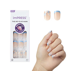 imPRESS uñas frances azules cortas con forma cuadrado redondeada, acabado natural y cómodo