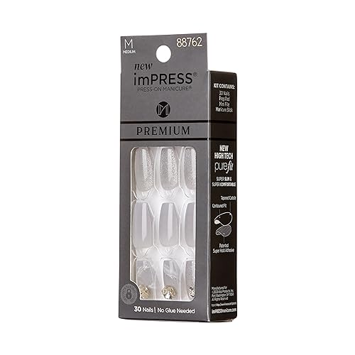 Uñas imPRESS gris en forma de almendra con acabado elegante.