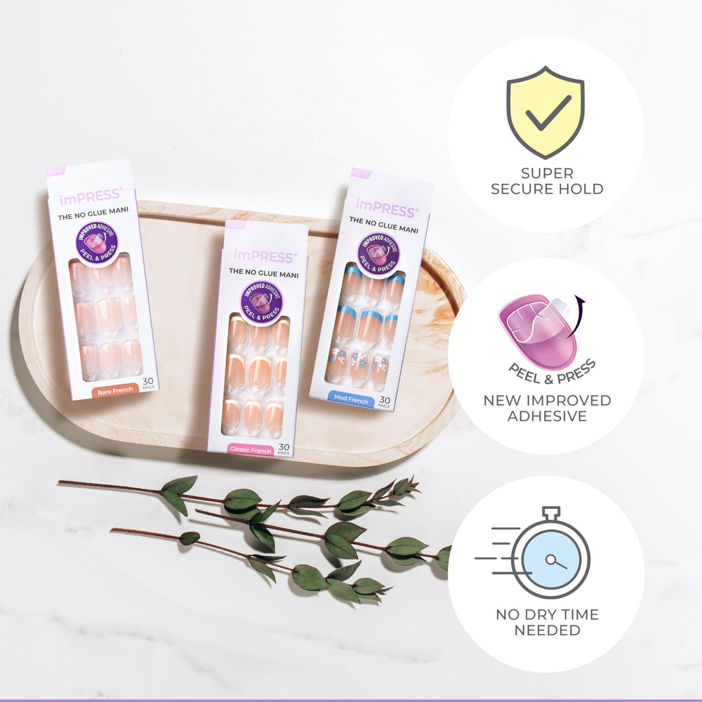 Kit completo imPRESS: 30 uñas, lima y prep para manicura casera sin pegamento.
