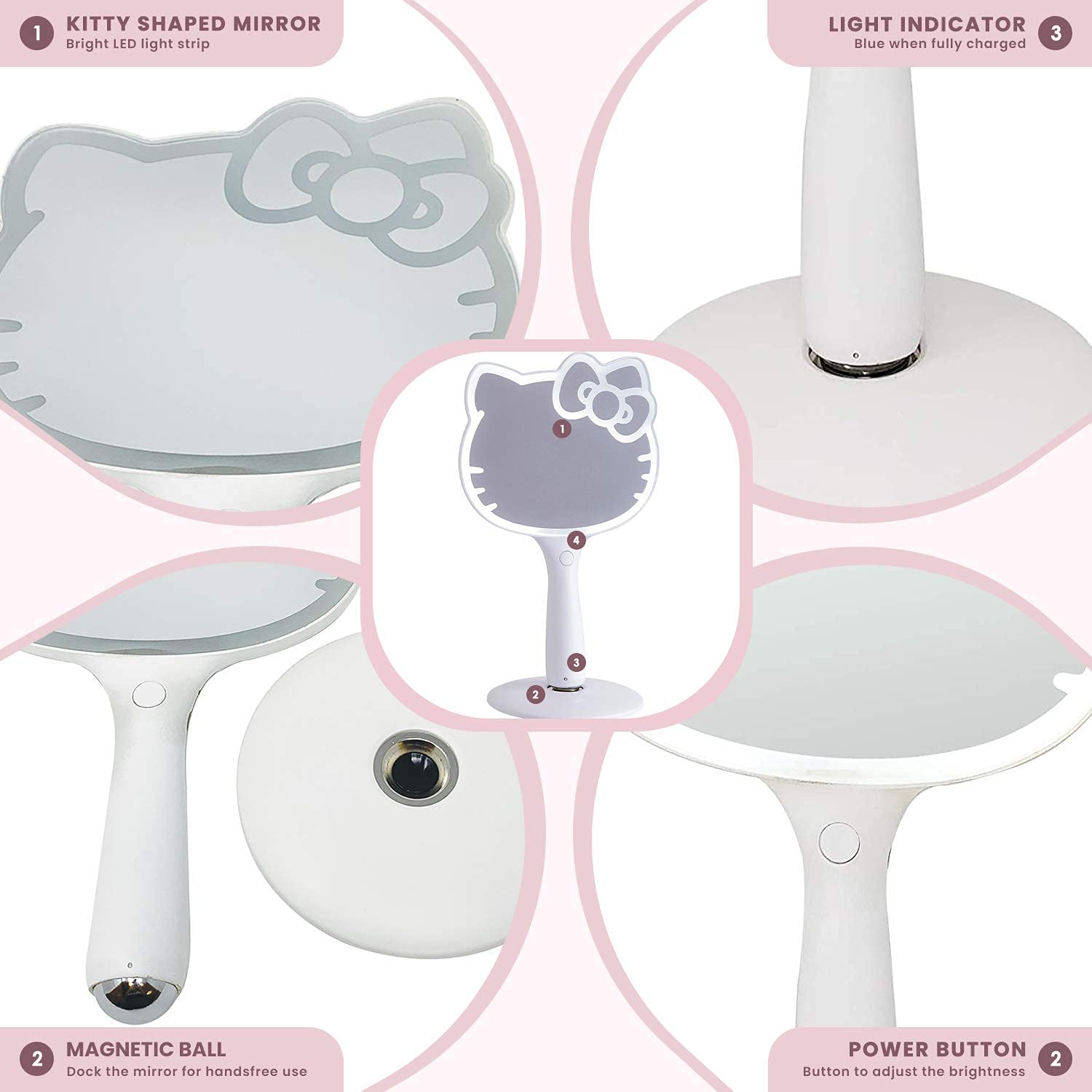 Conception compacte du miroir Hello Kitty, facile à ranger dans une valise.