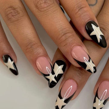 IMSOHOT uñas almendra frances negro con estrellas para un look elegante y duradero