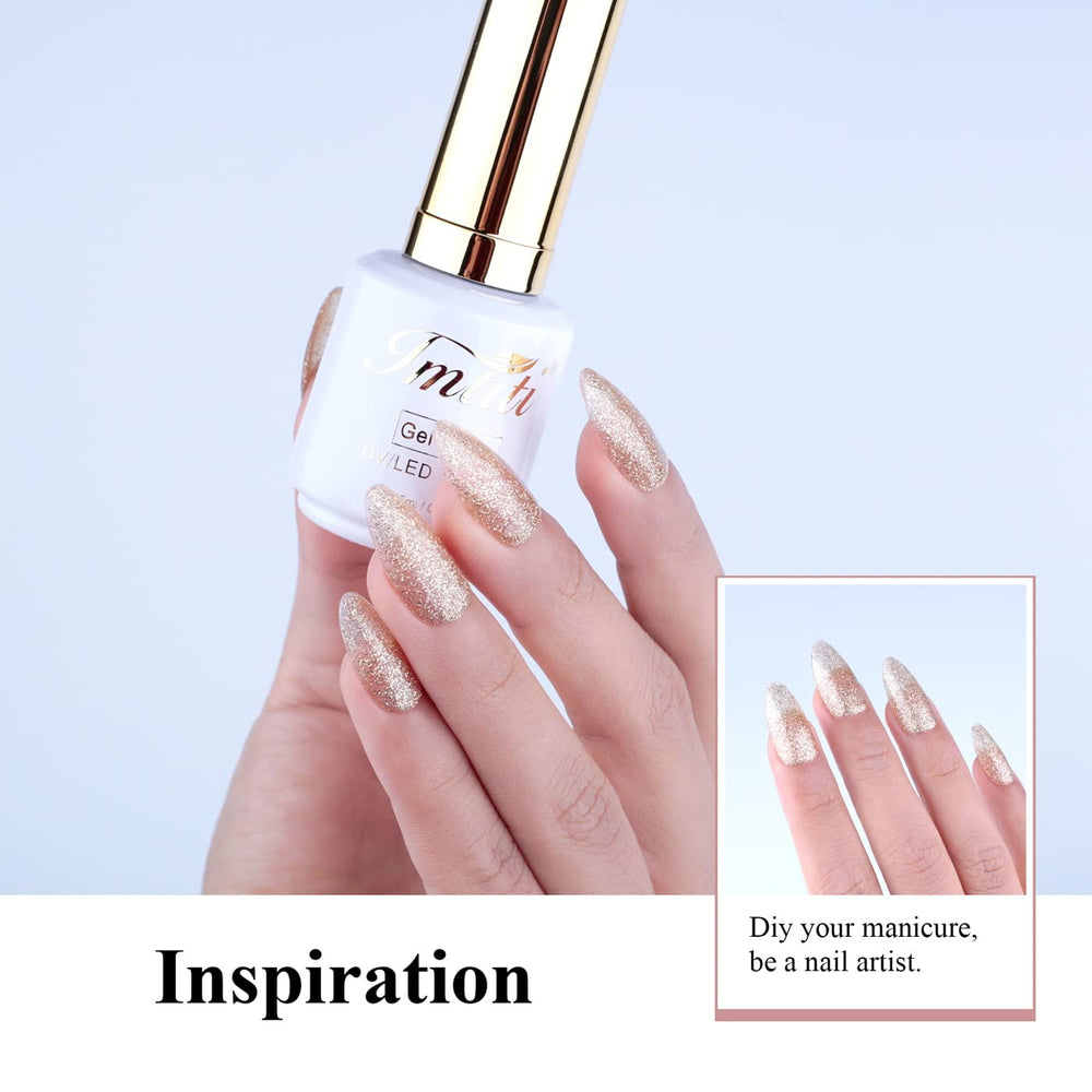 Detalle del envase de 0,5 oz Imtiti esmalte gel glitter.