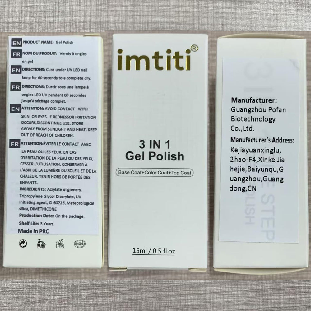 Imtiti Esmalte Gel Rosa Translúcido con base y capa final compatibles.