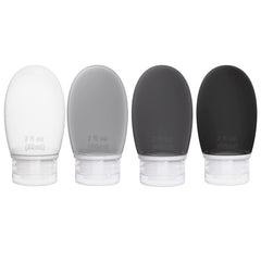 Botellas de silicona Imuviy para viaje, vista frontal, útiles y seguras para líquidos.