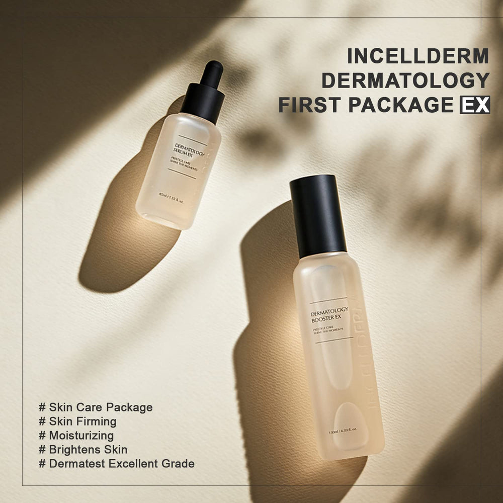 Gotas del Serum EX de INCELLDERM en rostro para luminosidad y nutrición.