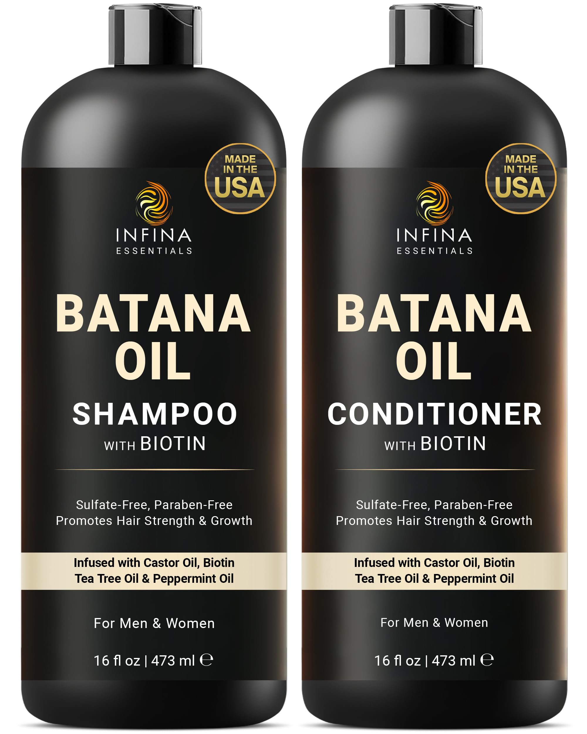 INFINA ESSENTIALS Batana Oil Shampoo, bouteille claire offrant hydratation légère et démêlage facile.