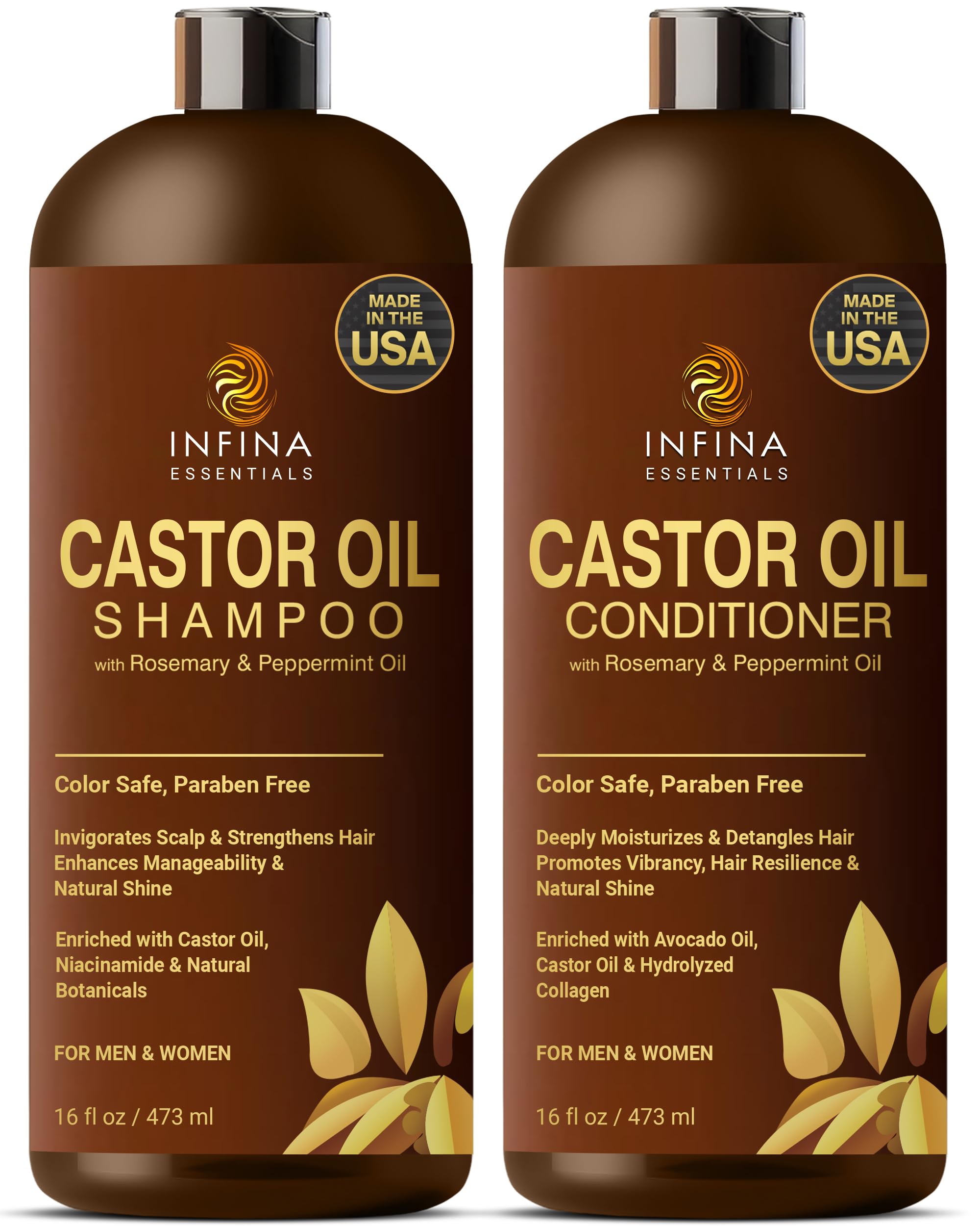 Infina Essentials champú aceite de ricino para balance del cuero cabelludo y cabello saludable.