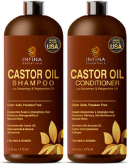 Infina Essentials champú aceite de ricino para balance del cuero cabelludo y cabello saludable.