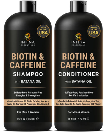 INFINA ESSENTIALS champú botella resalta cafeína y biotina para fortalecimiento del cabello