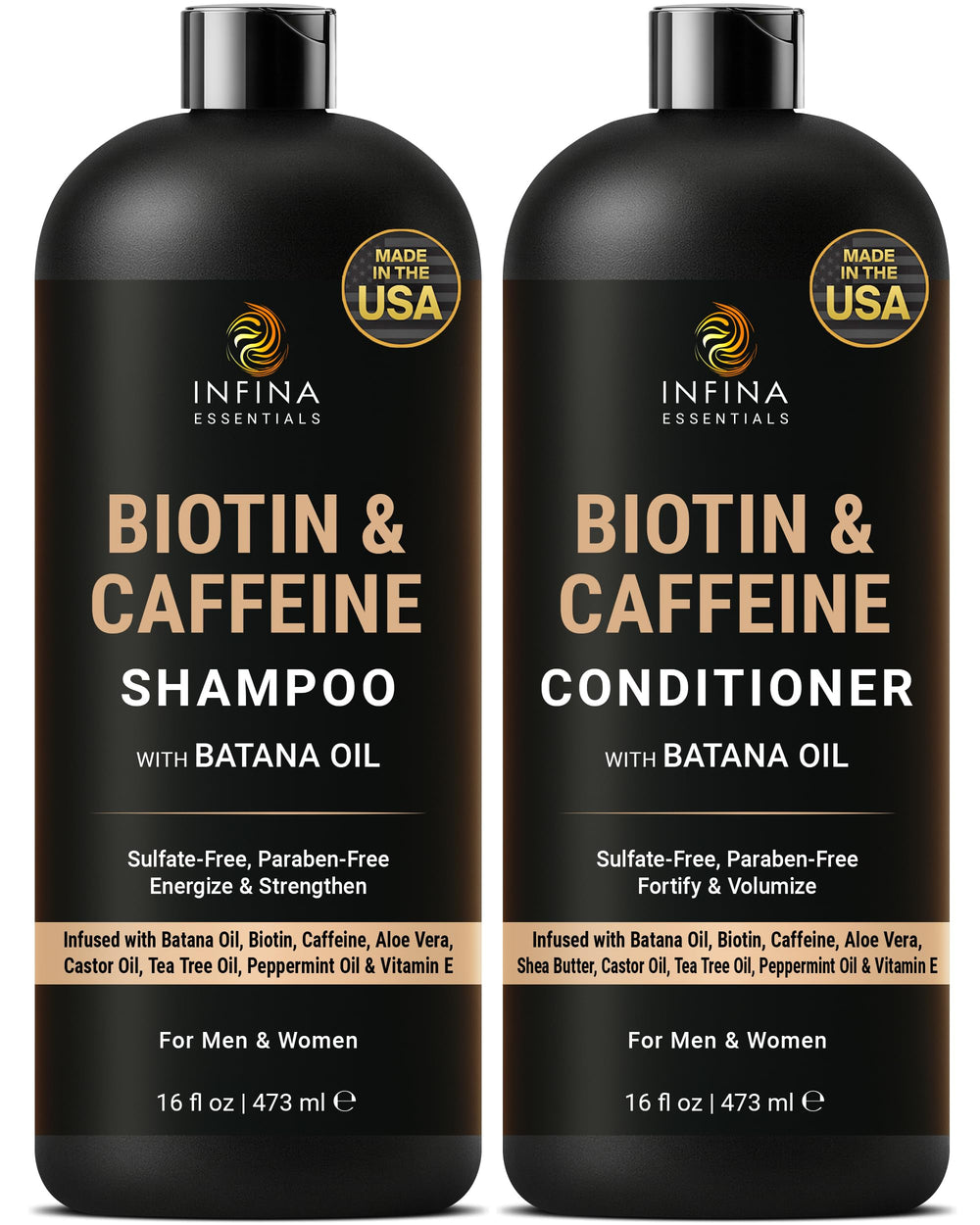 INFINA ESSENTIALS champú botella resalta cafeína y biotina para fortalecimiento del cabello